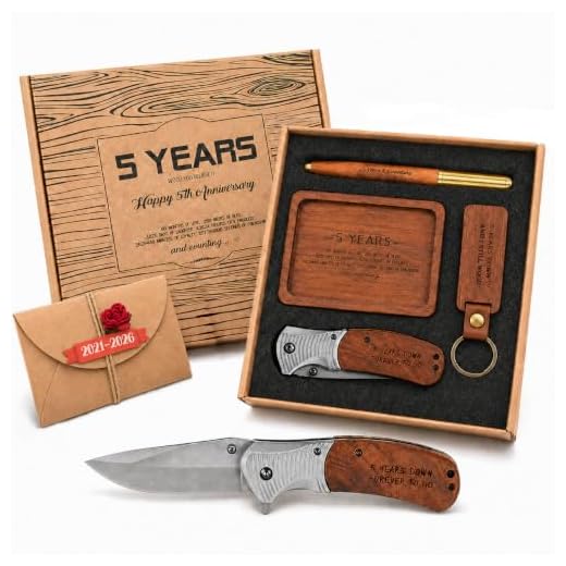 5 Year Anniversary Wooden Gift for Him Wood Gifts Set for 5th Wedding Anniversary 5 Years of Marriage Present for Men Husband Couple Unique Keepsake Including:pocket Knife&ring Dish&pen&keychain