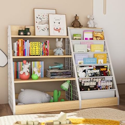 Yeyawomy Kids Book Shelf,4 Tier Wooden Bookshelf,5 Layer Sling Children Bookcase,Toy Organizer Cabinet Chest,Book Display Shelf with Metal Frame, Nursery Playroom Classroom Library (Natural) Cover