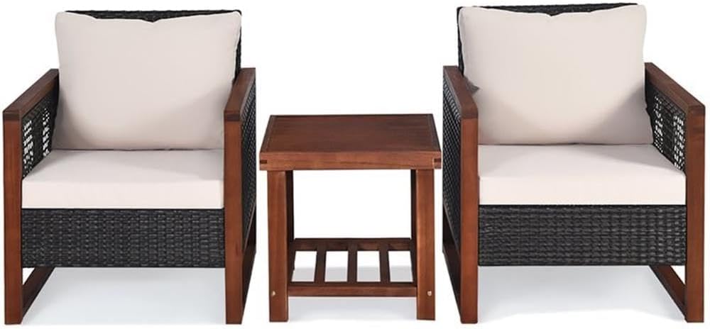 Pemberly Row 3-Pc Rattan Patio Wicker Furniture Set, Brown Finish, Ergonomic Chairs and Acacia Wood Square Table, Weather-Resistant Seating with Cushions for Porch, Garden, or Poolside Outdoor Use