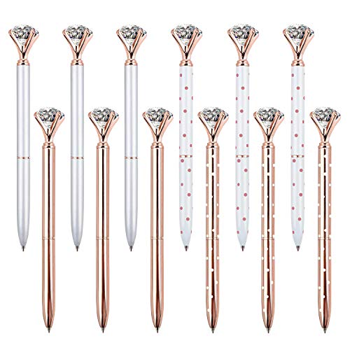 ZZTX 12 PCS Big Crystal Diamond Ballpoint Pen Bling Metal Ballpoint Pen Office Supplies, Rose Gold/Silver/White With Rose Polka Dots/Rose Gold With White Polka Dots, Includes 12 Pen Refills