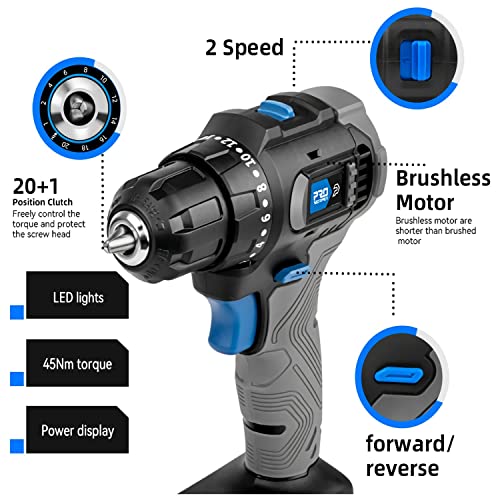 Cordless Drill Set, 20V Electric Power Brushless Drill With 3/8” Keyless Chuck, Battery And Charger, 20+1 Torque Setting, 400In-Lbs, 0-1500Rpm 2 Variable Speed, 5Pcs Drill Bits #TOP2