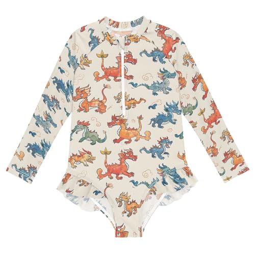 Little Cartoon Chinese Dragon Girls Long Sleeve Swimsuit Rash Guard One Piece Bathing Suits Zipper 3-12T