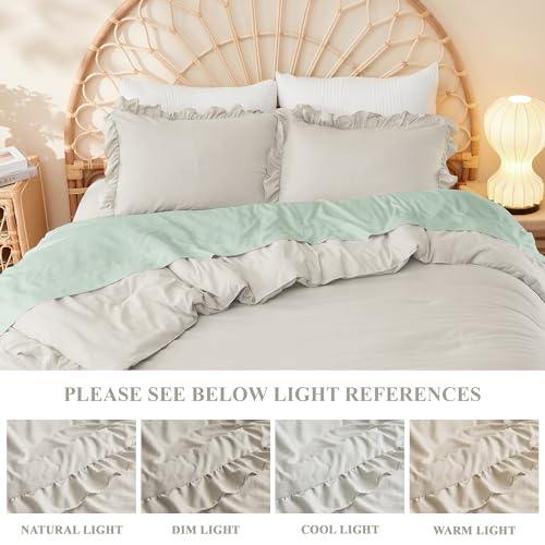 Image of Litanika Linen Grey Full Size Comforter Sets, 3 Pieces Ruffle Farmhouse Aesthetic Bedding Comforter Sets, All Season Soft Lightweight Fluffy Microfiber Bed Set(79x90In Comforter, 2 Pillowcases)