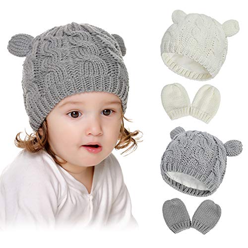 Newborn Infant Baby Beanies Hat Mittens Set Toddler Baby Girl Knit Winter Hat Mitten Baby Boys Beanie Caps Hats 4-Piece (0-3 Months, 2 - Color Set (Gray Set + White Set))
