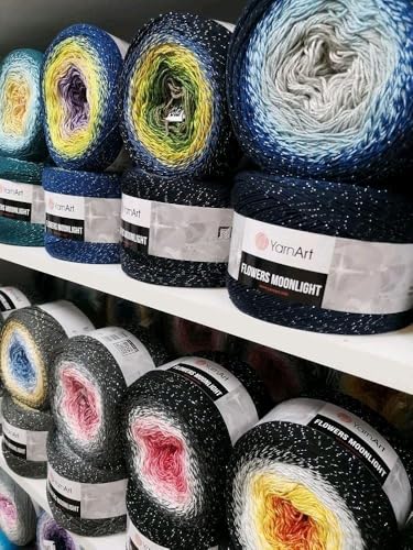 Image of YarnArt Flowers Moonlight Glitter Cotton Yarn, Soft, Rainbow Crochet, Metallic Lurex handknit Shiny, Silvery Cake, Multicolor Cotton, 1 Skein Weight 9.17oz Lenght 393.7 inches,1 Fine Yarn (3283)