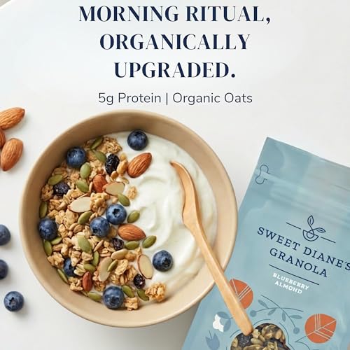 Image of Sweet Diane's Granola - Standard Size (12 oz): Organic Granola, Low-Sugar, High-Fiber, Gluten-Free, Vegan, Delicious Breakfast and Snack Topper (Classic Size, Blueberry Almond)