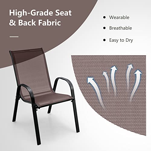 Image of Giantex Patio Chairs Set of 2, Stackable Outdoor Dining Chairs with Breathable & Quick-Dry Fabric & Armrests for All Weather, Lawn, Backyard, Poolside,Porch, Deck, 330 LBS Capacity (Brown)