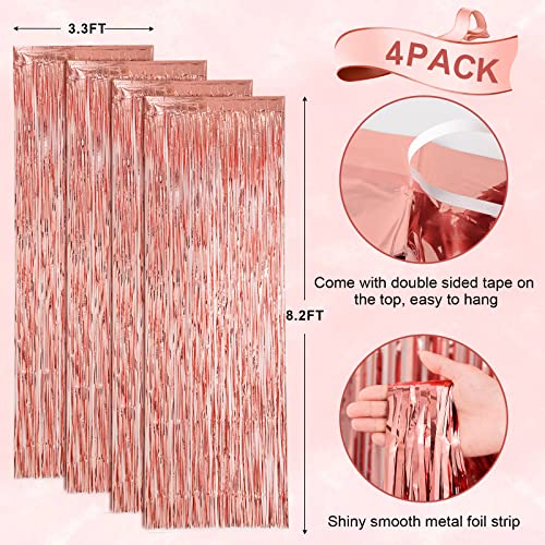 Image of Voircoloria 4 Pack Rose Gold Foil Fringe Backdrop Curtains, Tinsel Streamers Birthday Party Decorations, Fringe Backdrop for Graduation, Baby Shower, Gender Reveal, Disco Party