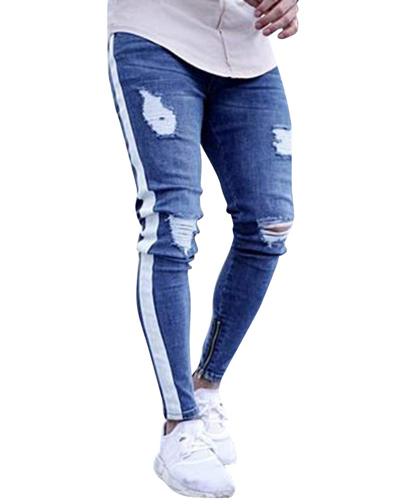 Anyua Men's Light Blue Stretchy Ripped Jeans Trousers Skinny Biker Denim Pencil Pants Xl