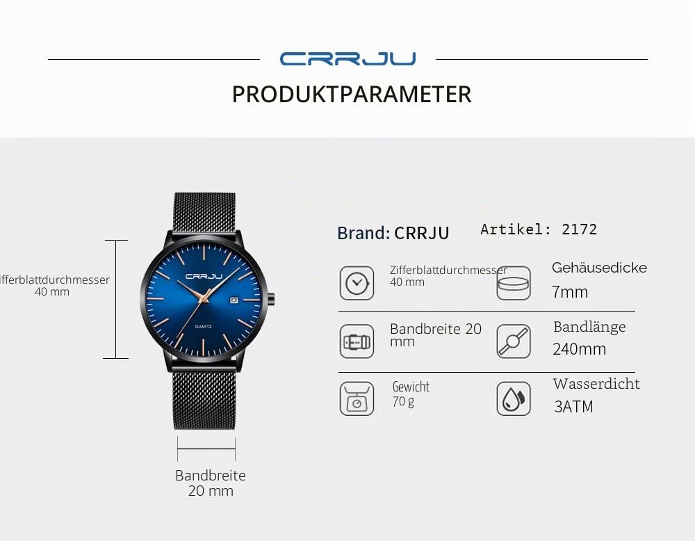 CRRJU Herren Uhr Ultra Dünne Wasserdicht Armbanduhr Herren Mode mit Schwarz Edelstahlband Mesh Analog Quarz Business Männer Uhren