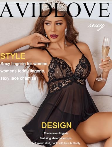 Image of Avidlove Sexy Lingerie for Women V-Neck Lace Babydoll Mesh Chemise Sleepwear Boudoir Outfits