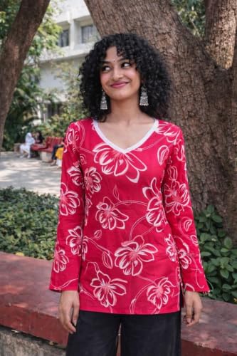 Image of Women Pure Cotton Floral Printed Short Kurti | Square Neck | Full Sleeves | Stylish Ethnic Kurta | Back Tie-Up | Casual Wear Kurta