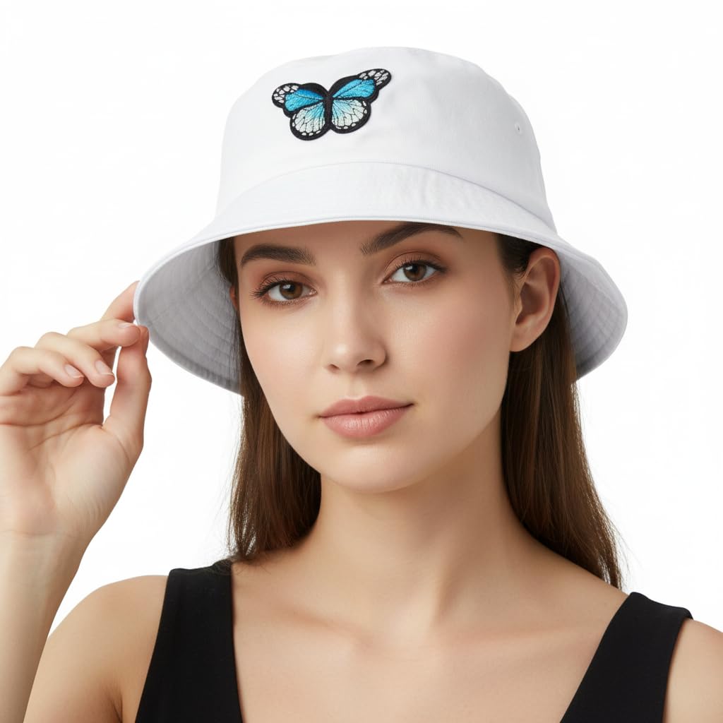 Womens Butterfly Embroidery Bucket Sun Hat - Premium Cotton Sun Protection Fisherman Cap - Packable & Stylish Summer Accessory White-image-34