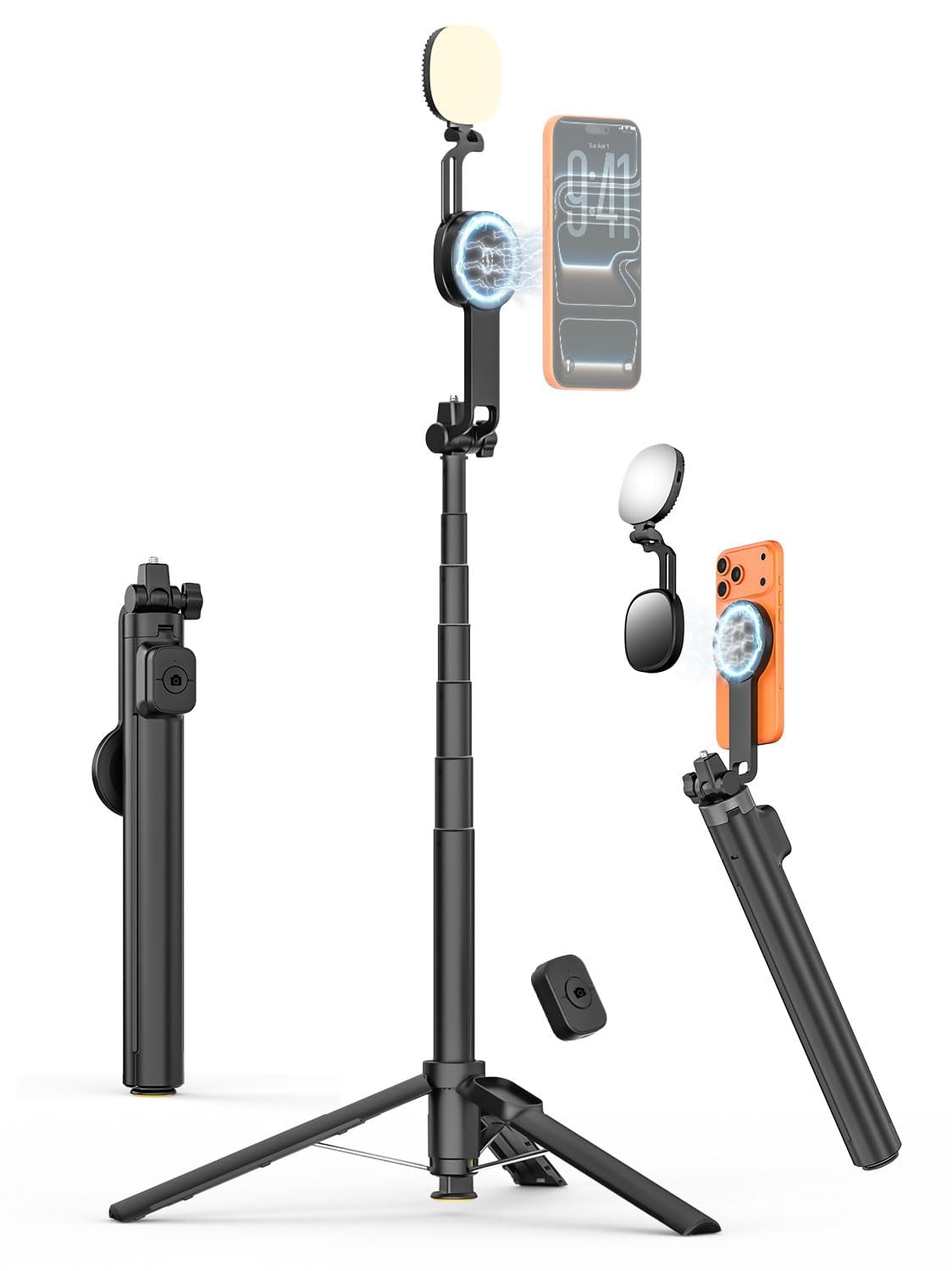 USKEYVISION Trépied magnétique pour iPhone avec lumière, perche à selfie avec lumière magnétique et télécommande, trépied extensible pour téléphone portable MagSafe iPhone/Android pour enregistrement