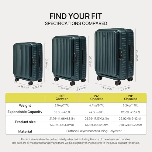 Image of NINETYGO Top Opening Carry On Luggage 22x14x9 Airline Approved, Expandable & Lightweight, Scratch Resistant PC Hardside with Deep Cabin Design, TSA Lock & 360 Spinner Wheels (Forest Green, Alps)