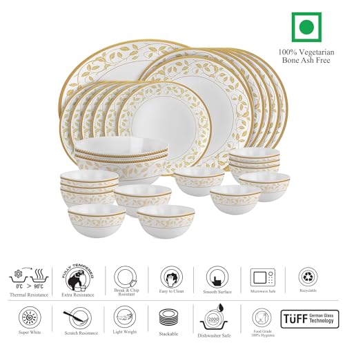 Image of Cello Opalware Divine Series Amber Gold Dinner Set, 27 Units | Opal Glass Dinner Set for 6 | Crockery Set for Festive Ocassions, Parties | White Plate and Bowl Set,Floral