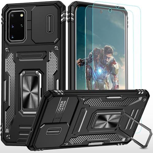 YmhxcY For Samsung Galaxy S20 Plus Case Military grade protective phone casewith [2 Packs] Screen Protector Slide Camera Cover 360 Rotate metal Stand for Samsung Galaxy S20 Plus 6.7-Black