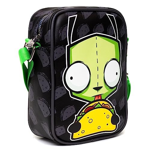 Nickelodeon Bag, Crossbody, Invader Zim GIR Taco Pose With Taco Print Black Gray, Vegan Leather2