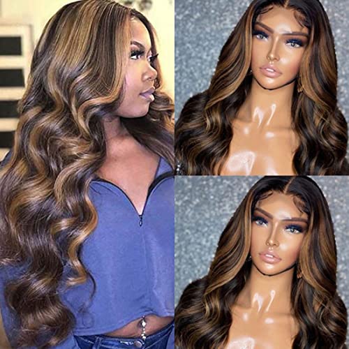 Unice Highlight Wavy T Part Lace Front Human Hair Wigs For Women Brazilian Virgin Hair Ombre Balayage Brown Body Wave Frontal Wig Middle Part Pre Plucked With Baby Hair Fb30 Color 150% Density 14 Inch #TOP1