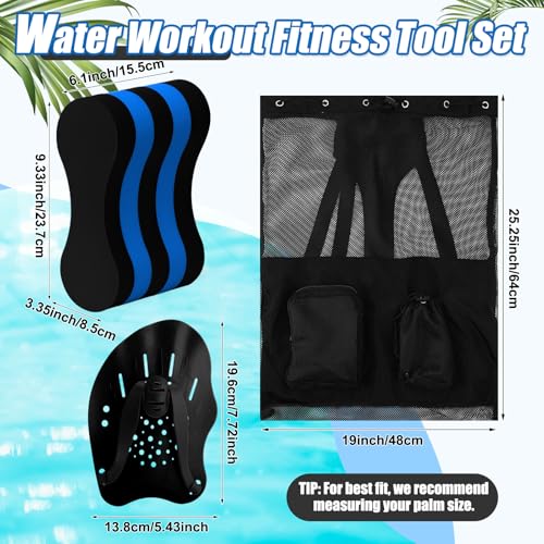 Motionchic 4 Pcs Swim Training Pull Buoy Hand Paddles Set Include 1 Big Mesh Backpack 1 Buoy 2 Hand Paddles with Adjustable Straps Swim Training Equipment Kit for Adults (Black and Blue)