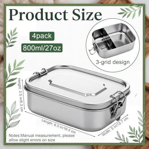 Image of Funnymoom 4 Pcs Stainless Steel Bento Lunch Box, 3 Compartment