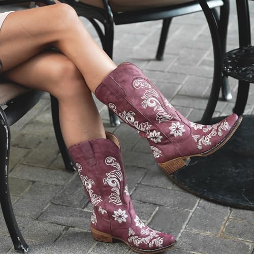 Image of IUV Cowboy Boots For Women Mid Calf Cowgirl Boots Embroidered Pull-On