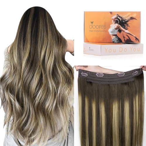 Image of DOORES Wire Hair Extensions 14 Inch 75g Remy Human Wire Hair Extensions Invisible Transparent Line Adjustable Hairpieces Secret Extensions Straight Hair Balayage Chocolate Brown to Honey Blonde