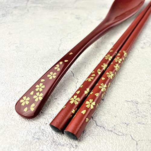 Premium Japanese Chopsticks With Spoon Reusable [ Made In Japan ] Traditional Lacquer Art Wooden Chopsticks (Gold Flower Rd(Ym2002)) #TOP2