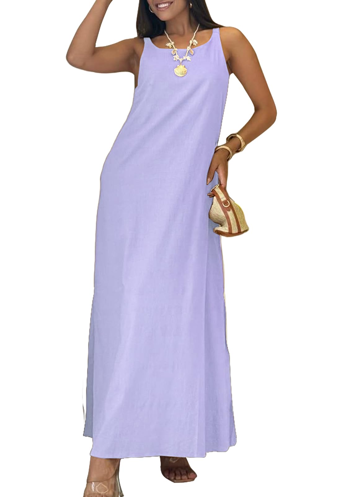 Women's Spaghetti Strap Maxi Dress Sleeveless Flowy Boho Beach Vacation Casual Long Dresses with Pockets