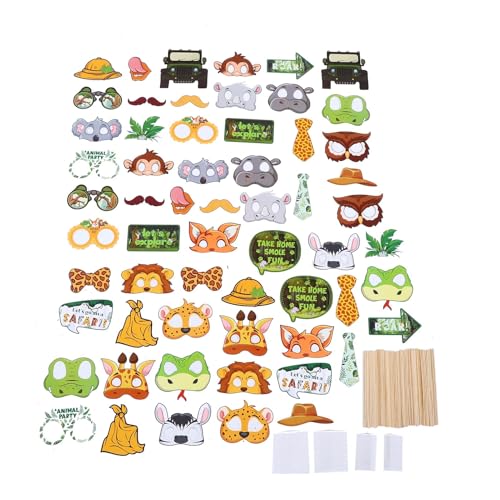 Qcwwy Kit de Accesorios para Fotomatón de Animales, 60 Piezas, Suministros de Fiesta Temática de Safari en la Jungla de Papel, Decoraciones para Baby Shower de Cumpleaños (2 Paquetes)