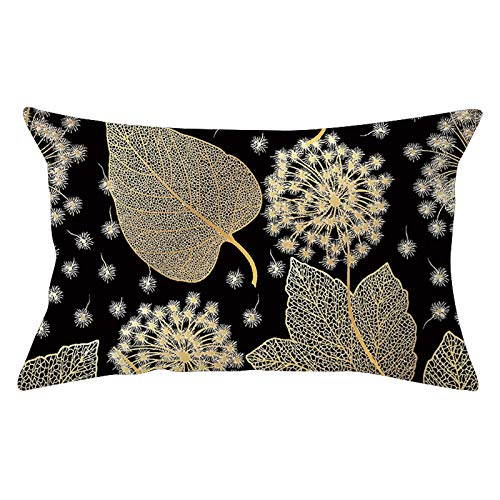 Shan-S Throw Pillow Covers Bronzing Flower Leaf Print Pillowcases Soft Cushion Cover Pillow Protectors,12 x 20 Inches Rectangle Black Gold Flower Cushion Covers for Couch Living Room Bedroom Car