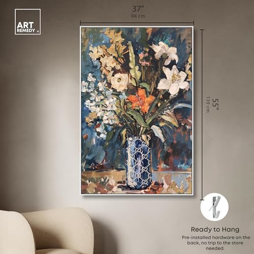 Image of Art Remedy Blue Floral Vase Canvas Floral Vase Wall Art, White Frame, 36 inch x 54 inch