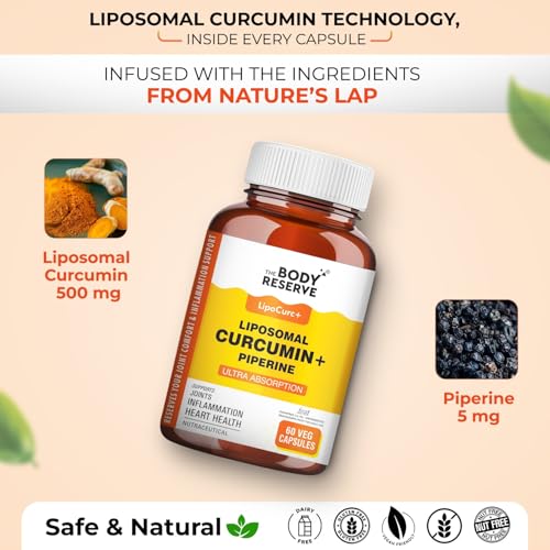 Image of The Body Reserve Liposomal Curcumin Capsules, 500mg with Piperine, Anti-Inflammatory Supplement for Adults Pure Turmeric Extract for High Absorption Joint & Heart Health Support - 60 Caps