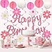 YEOCU Birthday Decorations, NO DIY, Pre-Strung Happy Birthday Banner with Honeycomb Balls, Hanging Swirls, Circle Dots Garland, Happy Birthday Party Decorations for Women Men Boys Girls (Pink)