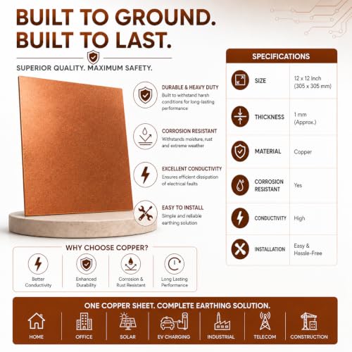 Image of 12x12 Inch Pure Copper Plate Earthing Sheet for Home Office Building Solar Panel Rooftop and EV Earthing Cu Copper Plate for 5kW Earthing System Heavy Duty Copper Grounding Plate