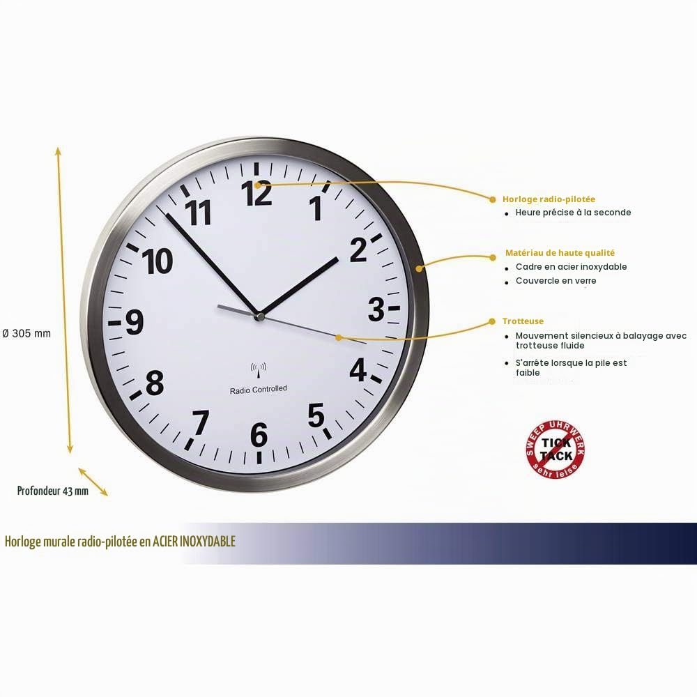 TFA-Dostmann 60.3523.02 radiopiloté(e) Horloge Murale 30.5 cm x 4.3 cm Acier Inoxydable mécanisme dhorloge Silencieux, Fonction déconomie dénergie, Blanc
