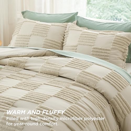 Image of Bedsure Full Size Comforter Set Linen, Boho Tufted Bed Set, Grande Checkered Farmhouse-Style Distressed Vintage Bedding, 3 Pieces, 1 Plaid Geometric Comforter and 2 Pillow Shams