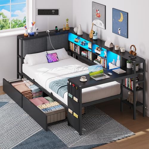 3ft Single Bed with Storage 2 Drawers & Study Desk Single Bed Frame with Upholstered Headboard and Charging Station (2 AC Sockets 2 USB Ports) LED Lights Reversible Left/Right Hand Assembly Black