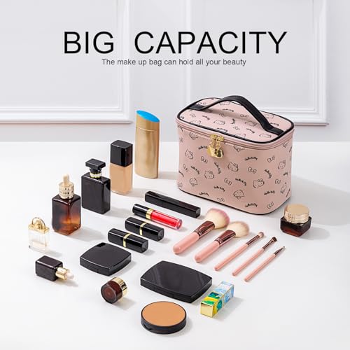 AmBealla Make up Bag Large Travel Cosmetic Bags Organizer with Brush Holder for Girl, Lightweight Cotton Toiletry Bag with Zipper for Women, Portable Makeup Case for Airplane/Home/Gym - Pink3