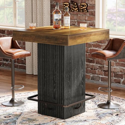 Tribesigns Square Bar Table Kitchen Dining Table Industrial Counter Height Pub Cocktail Table Home Bar Unit with Metal Footrest for Dining Room Tavern Coffee Corner Bistro Rustic Brown
