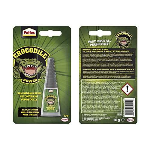 Pattex Crocodile Power Sekundenkleber, extra starker Superkleber, schnelltrocknender Alleskleber für Metall, Holz und mehr, wasserabweisend und transparent, 1 x 10g