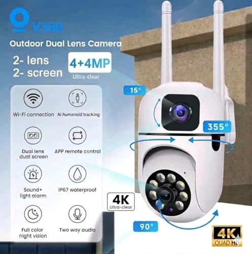 Image of securinnov 4+4MP Smart WiFi Outdoor PTZ CCTV Camera for Home | 360 View | Color Night Vision | Motion Detection | Two-Way Audio | Wireless Security Camera with Mobile App V380 Pro