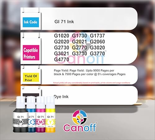 Image of CANOFF GI 71 Multicolor Ink Compatible for Canon Printer G1020 G1730 G1737 G2020 G2021 G2060 G3020 G3730 G3770 G4770 Black +Tricolor Combo Pack Ink (Gi-71 CMYK)