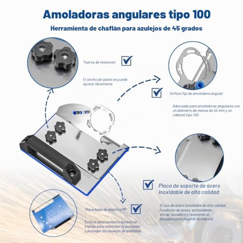 Miniatura 3 de Soporte Para Amoladora Angular De 45 Grados De Tipo 100, Soporte Para Maquina Cortar Azulejos, Herramienta De Biselado De Azulejos Con Alfombrilla Antideslizante, Acero Inoxidable, 18 X 13.5 Cm