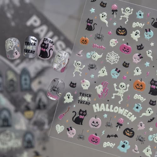 Image of Halloween Nail Stickers Decals Pastel Ghost Skeleton Pumpkin Nail Decals | Cat Spider Nail Decals Glow In The Dark Designs 5D Embossed Self-Adhesive Nail Charms Cute Spooky Style for Holiday Manicure