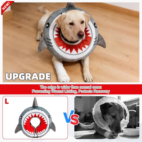 Image of KOOLTAIL Inflatable Dog Cone Collar, Soft Donut E Collar for Dogs After Surgery to Stop Licking Enhanced Alternative, Blow Up Pet Neck Pillow Recovery Adjustable Cone for Dog Cat, Upgrade Size,Shark L