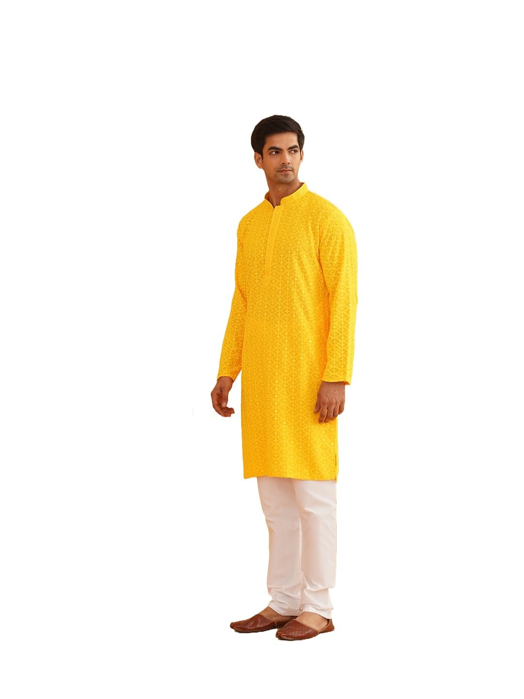 Sojanya (Since 1958 Men's Pure Cotton Mustard Embroidered Sequined Kurta And White Pyjama Set