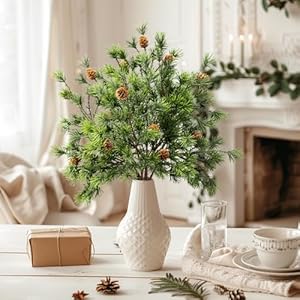 161artificial christmas norfolk pine branches pinecone garland stems tree greenery decor faux cedar picks home decoration real touch evergreen realistic plant leaves for winter holiday indoor 6pcs  urban country home decor