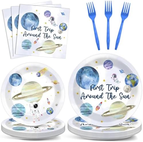 ZOIIWA 200 PCS First Trip Around the Sun Birthday Tableware Dispo...