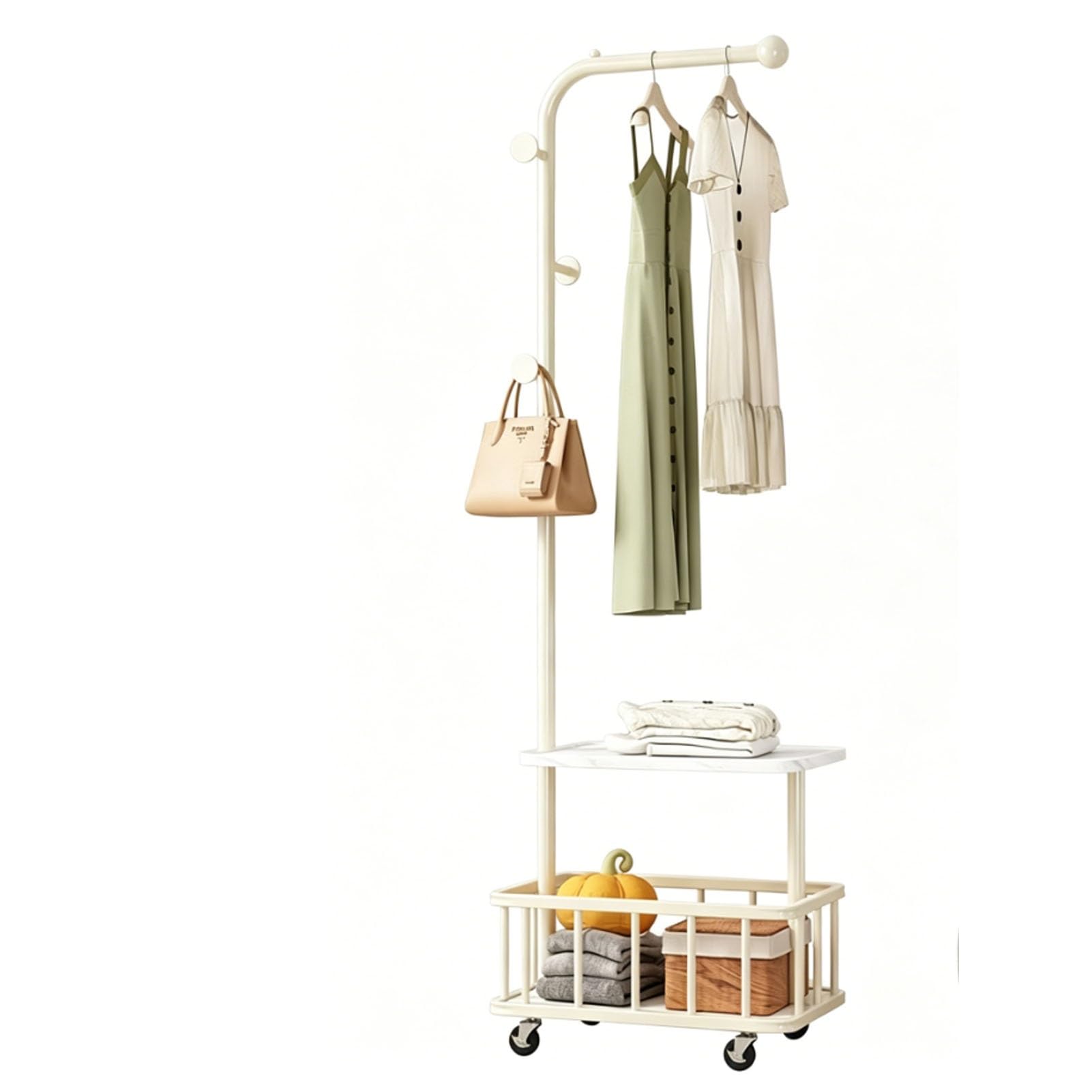 YAOHY Metal Clothing Rack with Wheels, Freestanding Rolling Coat Rack With Hanging Rod And Storage Basket, for Bedroom, Closet, Living Room, Entryway(White,Style3)